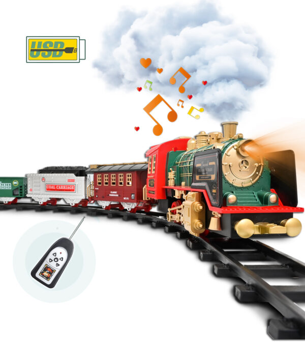 Train Set Toy, RC Train Set Locomotive W/ Smoke, Lights, Sounds Railway , Rechargeable Remote Electric Train Toy Birthday Gift Toys for Age 3 4 5 6 + Kids