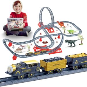 FANL Train Set Toy Railway Track with Dinosaurs,Electric Locomotive Engine,Sound,Gifts for 3-8 Boys