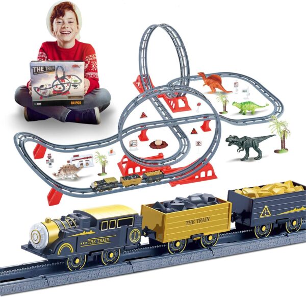 FANL Train Set Toy Railway Track with Dinosaurs,Electric Locomotive Engine,Sound,Gifts for 3-8 Boys