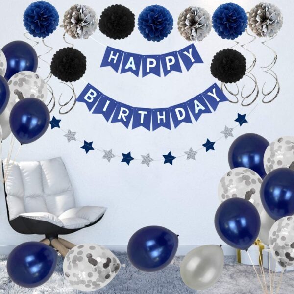 Birthday Party Decoration Silver Blue for Mans Boys, Balloons, Happy Birthday Banner, Fringe Curtain - Image 6