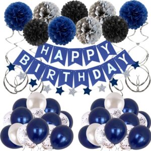 Birthday Party Decoration Silver Blue for Mans Boys, Balloons, Happy Birthday Banner, Fringe Curtain