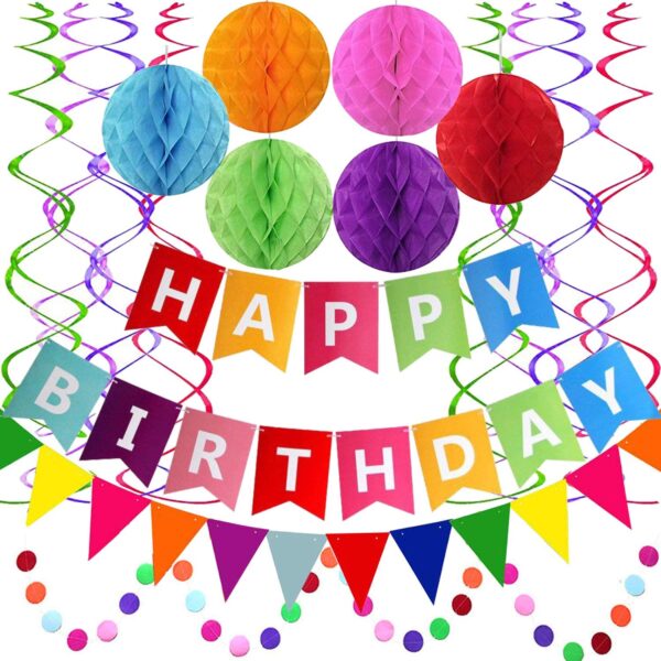 Happy Birthday Banner Decoration Rainbow Colorful Paper Flag Bunting Paper for Boys Girls, Garland Swirl Streamers Honeycomb Ball - Image 6