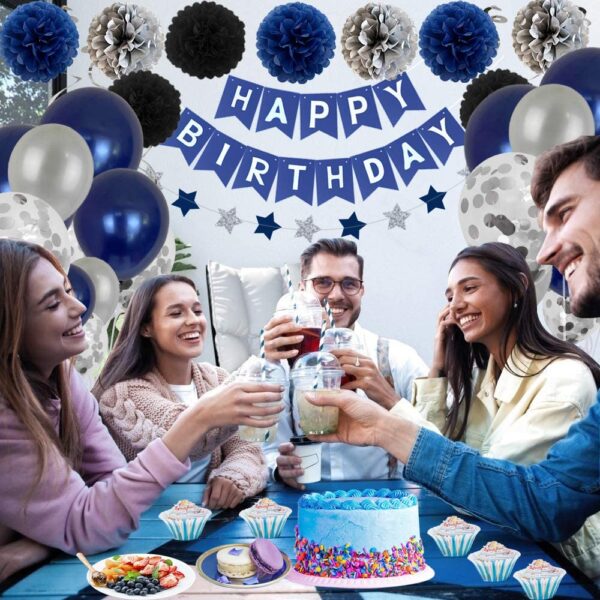Birthday Party Decoration Silver Blue for Mans Boys, Balloons, Happy Birthday Banner, Fringe Curtain - Image 2