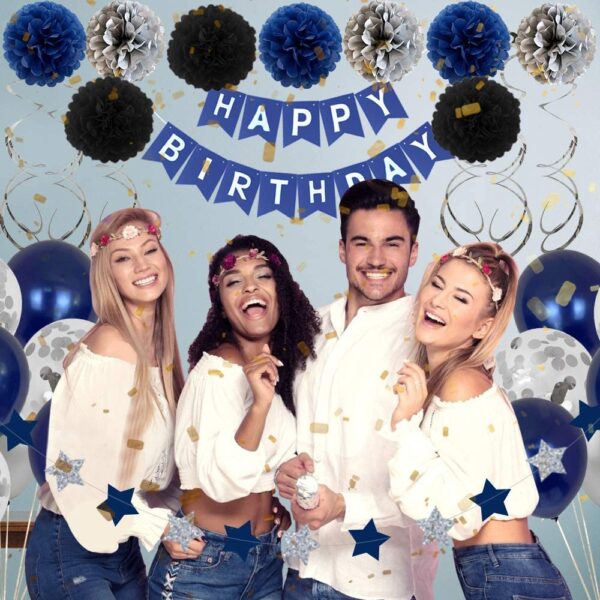 Birthday Party Decoration Silver Blue for Mans Boys, Balloons, Happy Birthday Banner, Fringe Curtain - Image 4
