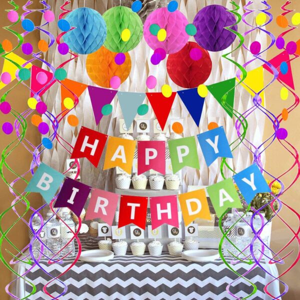 Happy Birthday Banner Decoration Rainbow Colorful Paper Flag Bunting Paper for Boys Girls, Garland Swirl Streamers Honeycomb Ball - Image 4