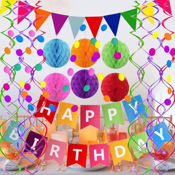 Happy Birthday Banner Decoration Rainbow Colorful Paper Flag Bunting Paper for Boys Girls, Garland Swirl Streamers Honeycomb Ball - Image 5