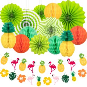 FANL Summer Hawaii Party Decoration Set, Hanging Fans, Pineapple and Flamingo Flower Garland Banner