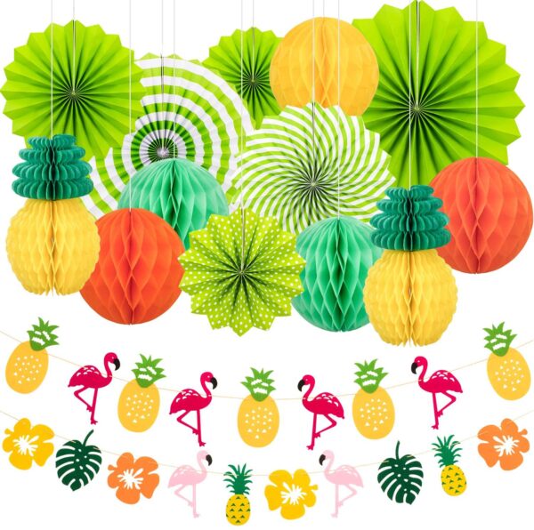 FANL Summer Hawaii Party Decoration Set, Hanging Fans, Pineapple and Flamingo Flower Garland Banner