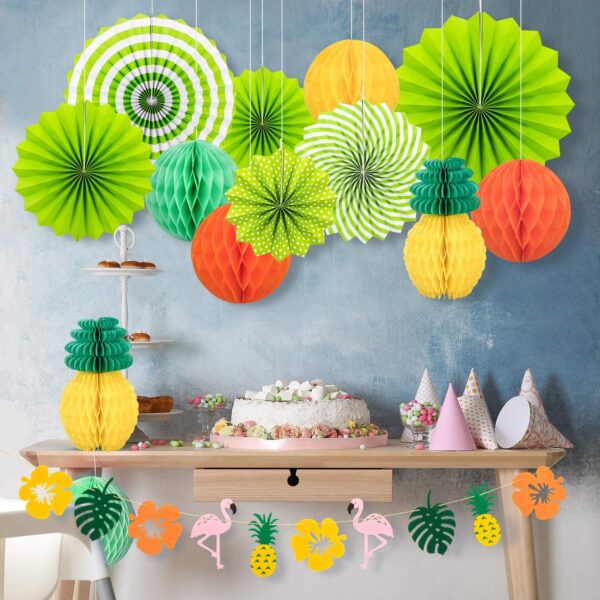 FANL Summer Hawaii Party Decoration Set, Hanging Fans, Pineapple and Flamingo Flower Garland Banner - Image 6