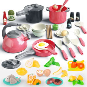 53Pcs Kids Kitchen Toy Accessories, Toddler Pretend Cooking Playset with Play Pots and Pans, Utensils Cookware Toys, Play Food Set, Toy Vegetables, Learning Gift for Girls Boys