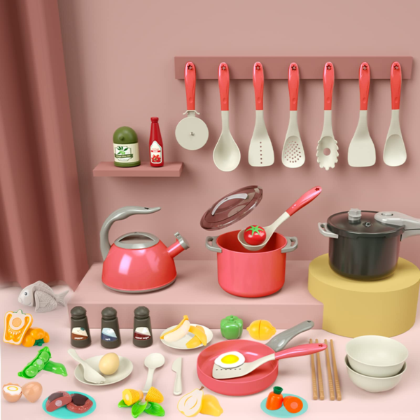 53Pcs Kids Kitchen Toy Accessories, Toddler Pretend Cooking Playset with Play Pots and Pans, Utensils Cookware Toys, Play Food Set, Toy Vegetables, Learning Gift for Girls Boys - Image 5