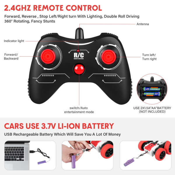 Remote Control Car, Double Sided Tornado Rechargeable RC Car, 4WD Off-Road Stunt Car with 360° Flips Lights for Indoor/Outdoor - Image 3