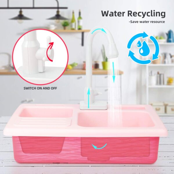 Kitchen Sink Toys - Play Sink with Running Water, Kids Pretend Play Kitchen Toy Sink for Girl, Role Play Electronic Dishwasher Kitchen Water Toys Set - Image 7