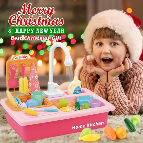 Kitchen Sink Toys - Play Sink with Running Water, Kids Pretend Play Kitchen Toy Sink for Girl, Role Play Electronic Dishwasher Kitchen Water Toys Set - Image 2