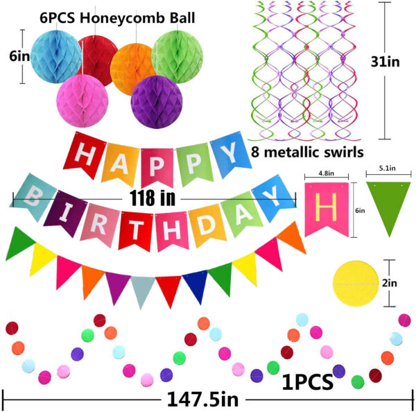 Happy Birthday Banner Decoration Rainbow Colorful Paper Flag Bunting Paper for Boys Girls, Garland Swirl Streamers Honeycomb Ball - Image 2