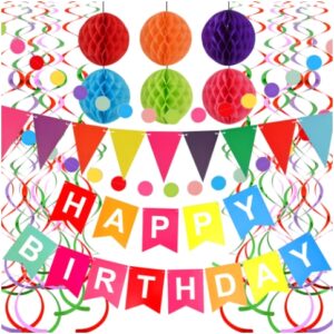 Happy Birthday Banner Decoration Rainbow Colorful Paper Flag Bunting Paper for Boys Girls, Garland Swirl Streamers Honeycomb Ball