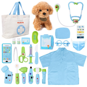 Toy Doctor Kit for Kids - Pretend Play Doctor Set with Dog Toy, Carrying Bag, Electronic Stethoscope & Dress Up Costume - Doctor Play Gift for Kids Toddlers Ages 3 4 5 6 Year Old for Role Play