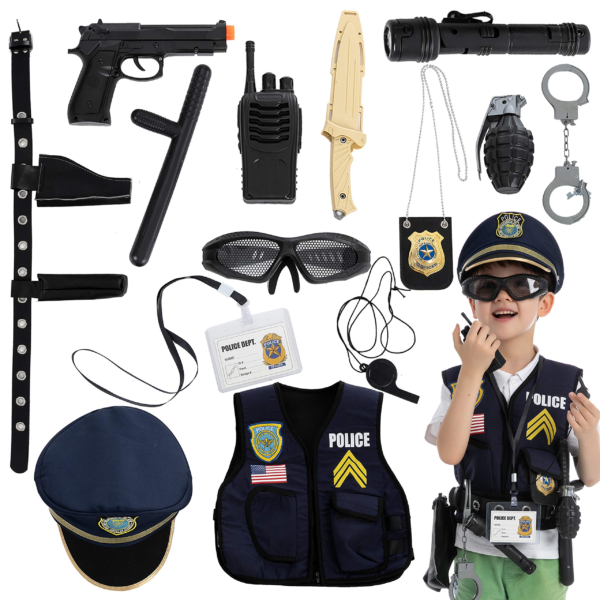 14 Pcs Police Pretend Play Toys Hat and Uniform Outfit for Dress Up Party, Police Officer Costume, Role-playing - Image 4