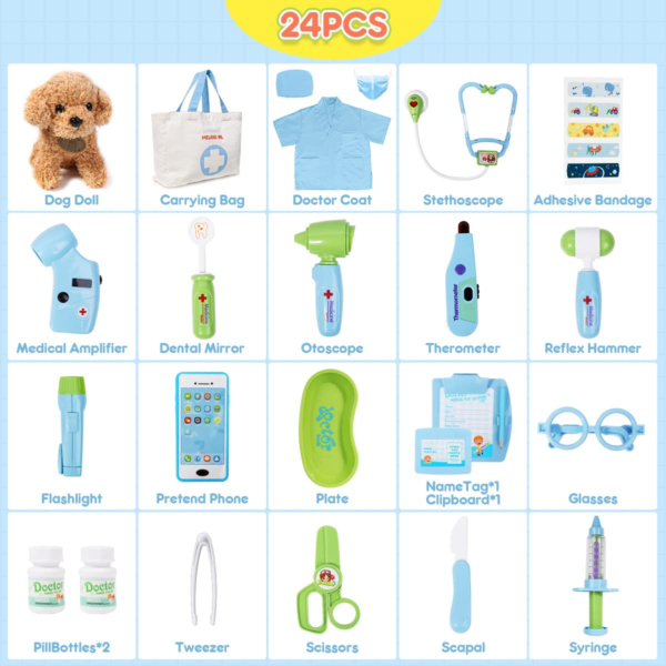 Toy Doctor Kit for Kids - Pretend Play Doctor Set with Dog Toy, Carrying Bag, Electronic Stethoscope & Dress Up Costume - Doctor Play Gift for Kids Toddlers Ages 3 4 5 6 Year Old for Role Play - Image 3