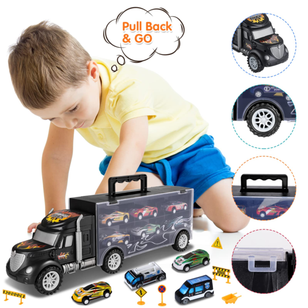 Toys for Boys Age 3-4, Transport Carrier Truck Toy Car with 12 Die-cast Vehicles - 6 Friction Powered Racing Car & Police Playset, Excellent Toddler Gift Toys for 3 4 5 Years Old Boys - Image 6