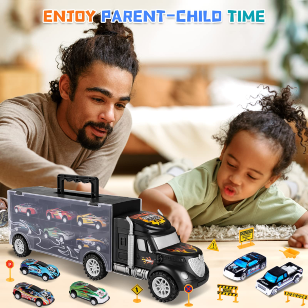 Toys for Boys Age 3-4, Transport Carrier Truck Toy Car with 12 Die-cast Vehicles - 6 Friction Powered Racing Car & Police Playset, Excellent Toddler Gift Toys for 3 4 5 Years Old Boys - Image 3