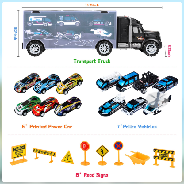Toys for Boys Age 3-4, Transport Carrier Truck Toy Car with 12 Die-cast Vehicles - 6 Friction Powered Racing Car & Police Playset, Excellent Toddler Gift Toys for 3 4 5 Years Old Boys - Image 2
