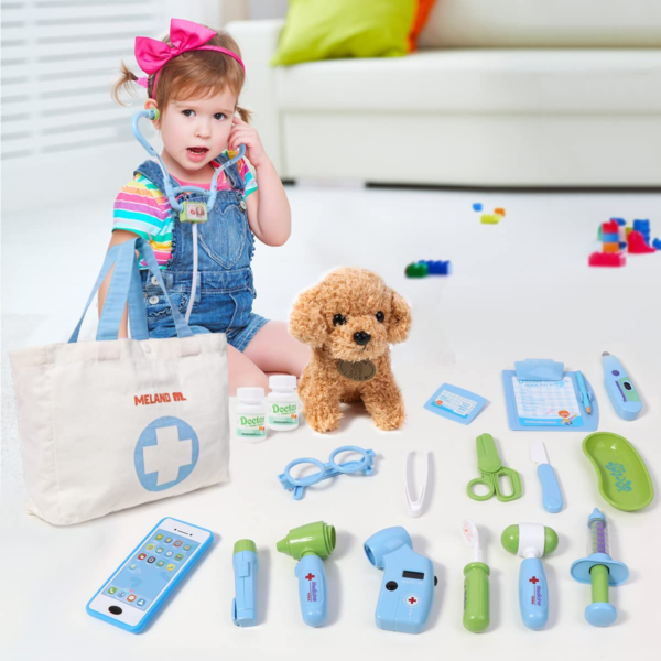 Toy Doctor Kit for Kids - Pretend Play Doctor Set with Dog Toy, Carrying Bag, Electronic Stethoscope & Dress Up Costume - Doctor Play Gift for Kids Toddlers Ages 3 4 5 6 Year Old for Role Play - Image 8