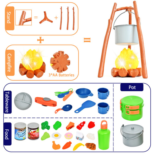 Kids Camping Set with Tent 45PCS - Camping Toy Set for Indoor/Outdoor Kids, Pretend Play Camp Gear Tools With LED Fire, Flashlight, Compass, Whistle - Image 2