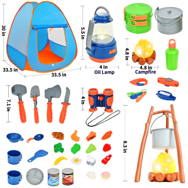Kids Camping Set with Tent 45PCS - Camping Toy Set for Indoor/Outdoor Kids, Pretend Play Camp Gear Tools With LED Fire, Flashlight, Compass, Whistle - Image 6