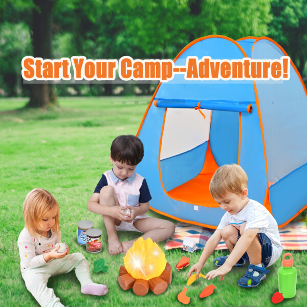 Kids Camping Set with Tent 45PCS - Camping Toy Set for Indoor/Outdoor Kids, Pretend Play Camp Gear Tools With LED Fire, Flashlight, Compass, Whistle - Image 4