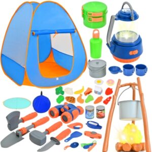 Kids Camping Set with Tent 45PCS - Camping Toy Set for Indoor/Outdoor Kids, Pretend Play Camp Gear Tools With LED Fire, Flashlight, Compass, Whistle
