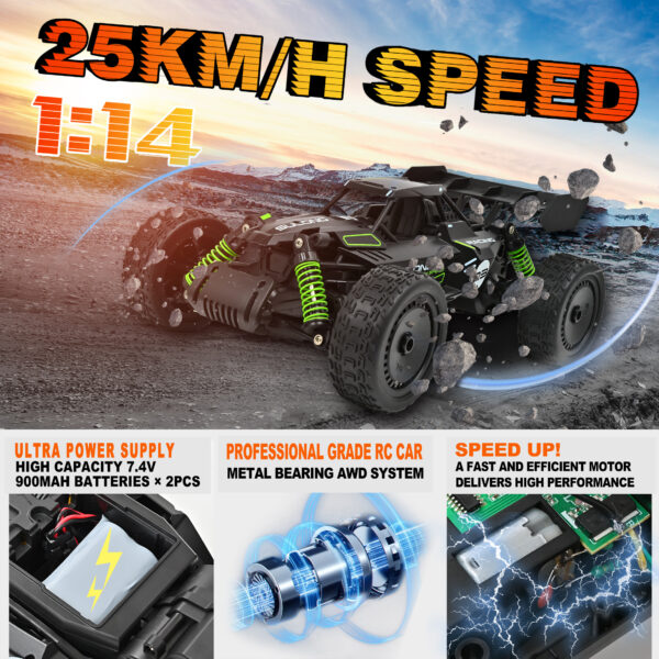 Remote Control Car - 1:14 Alloy High Speed Fast RC, 25 KM/H 4WD RC Racing Cars, RC Drift Car for Kids Adults , Off Road Variable-Speed Vehicle with 2 Rechargeable Battery - Image 3