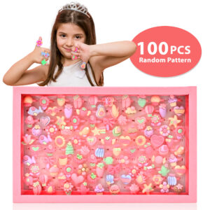 100 PCS Little Girl Jewel Rings Box, Adjustable Girl Pretend Play and Dress Up Rings, Gift for 3 4 5 6 7 Girls