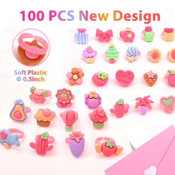 100 PCS Little Girl Jewel Rings Box, Adjustable Girl Pretend Play and Dress Up Rings, Gift for 3 4 5 6 7 Girls - Image 2