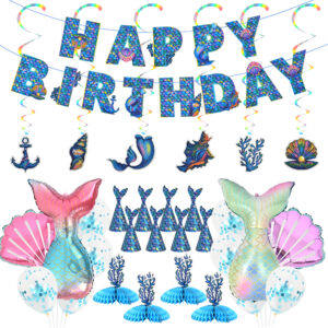Mermaid Birthday Decorations for Girls, Mermaid Party Supplies Decor with Happy Birthday Banner, Balloons, Paper Tassel, Mermaid Theme Party for Women