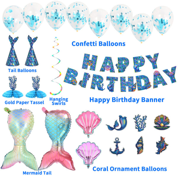 Mermaid Birthday Decorations for Girls, Mermaid Party Supplies Decor with Happy Birthday Banner, Balloons, Paper Tassel, Mermaid Theme Party for Women - Image 2
