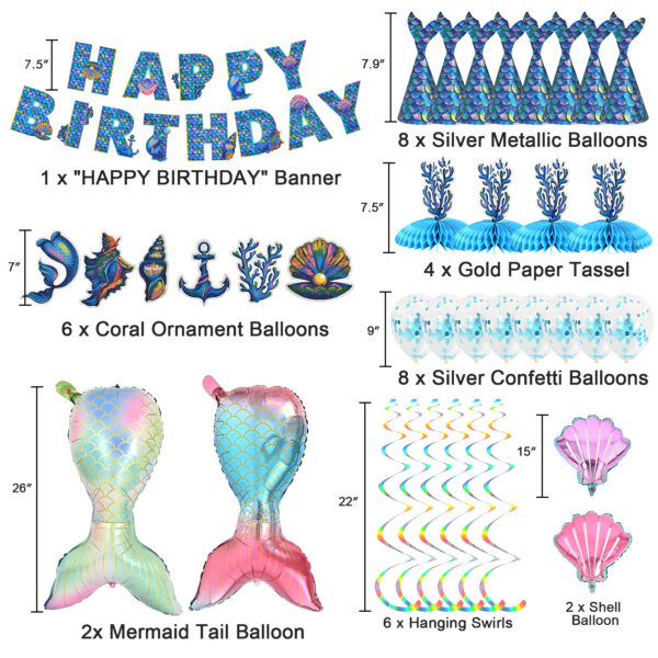 Mermaid Birthday Decorations for Girls, Mermaid Party Supplies Decor with Happy Birthday Banner, Balloons, Paper Tassel, Mermaid Theme Party for Women - Image 7