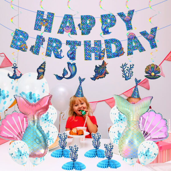 Mermaid Birthday Decorations for Girls, Mermaid Party Supplies Decor with Happy Birthday Banner, Balloons, Paper Tassel, Mermaid Theme Party for Women - Image 6