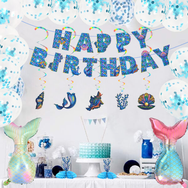 Mermaid Birthday Decorations for Girls, Mermaid Party Supplies Decor with Happy Birthday Banner, Balloons, Paper Tassel, Mermaid Theme Party for Women - Image 4