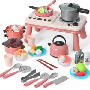 Pretend Play Kitchen Toy- 52PCS Pretend Cooking Toys Set with Steam/Light/Sound, Educational Toys Gifts with Plastic Pressure Pot, Pan, Cooking Utensils and Play Food