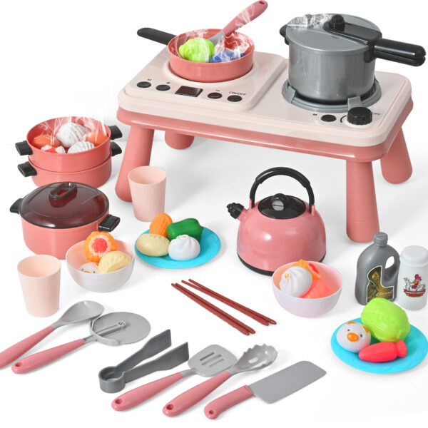 Pretend Play Kitchen Toy- 52PCS Pretend Cooking Toys Set with Steam/Light/Sound, Educational Toys Gifts with Plastic Pressure Pot, Pan, Cooking Utensils and Play Food