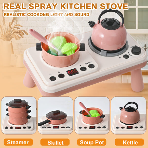 Pretend Play Kitchen Toy- 52PCS Pretend Cooking Toys Set with Steam/Light/Sound, Educational Toys Gifts with Plastic Pressure Pot, Pan, Cooking Utensils and Play Food - Image 2