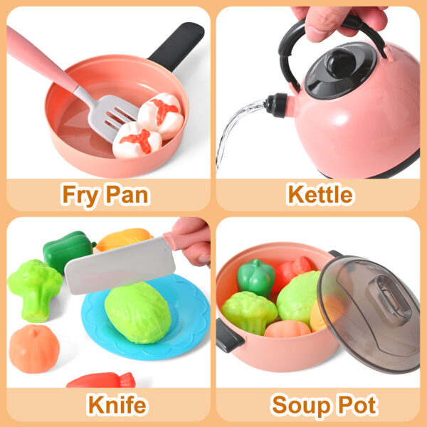 Pretend Play Kitchen Toy- 52PCS Pretend Cooking Toys Set with Steam/Light/Sound, Educational Toys Gifts with Plastic Pressure Pot, Pan, Cooking Utensils and Play Food - Image 6