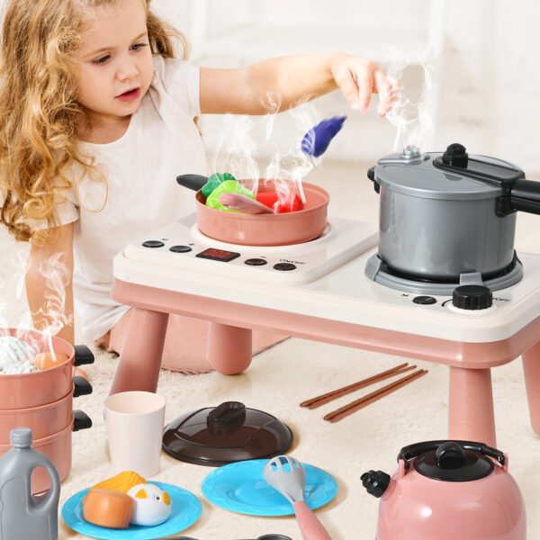 Pretend Play Kitchen Toy- 52PCS Pretend Cooking Toys Set with Steam/Light/Sound, Educational Toys Gifts with Plastic Pressure Pot, Pan, Cooking Utensils and Play Food - Image 4