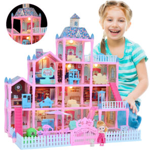Huge Doll House - 285 PCS Girl Toys Dream Dollhouse 12 Rooms Playhouse with LED Lights Furniture and Accessories, Big Doll House for Princess Age 3-10