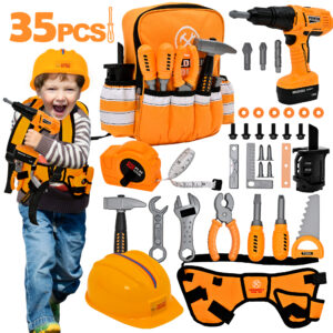 TOPFOX 35PCS Kids Tool Set - Pretend Play Kids Tool Toys with Construction Backpack Costume & Electronic Toy Drill for Boy Girl Halloween Birthday Dress Up Party