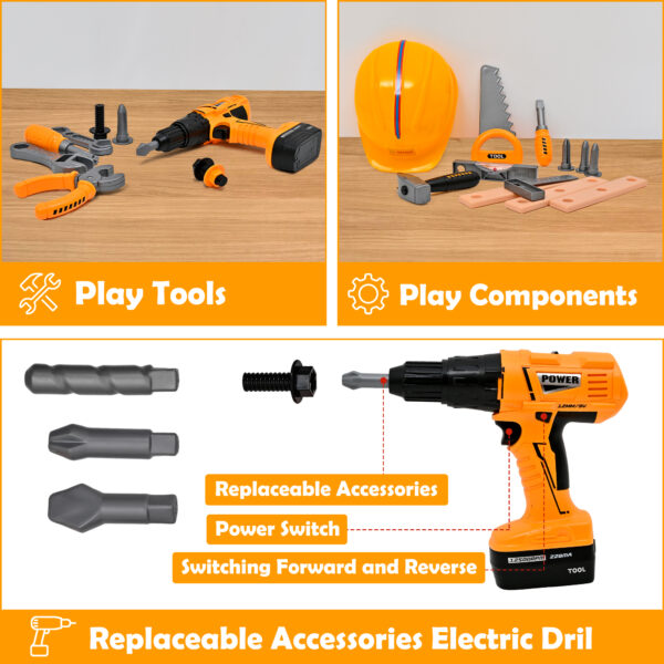 TOPFOX 35PCS Kids Tool Set - Pretend Play Kids Tool Toys with Construction Backpack Costume & Electronic Toy Drill for Boy Girl Halloween Birthday Dress Up Party - Image 2