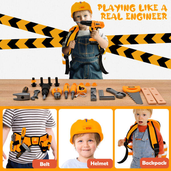 TOPFOX 35PCS Kids Tool Set - Pretend Play Kids Tool Toys with Construction Backpack Costume & Electronic Toy Drill for Boy Girl Halloween Birthday Dress Up Party - Image 3