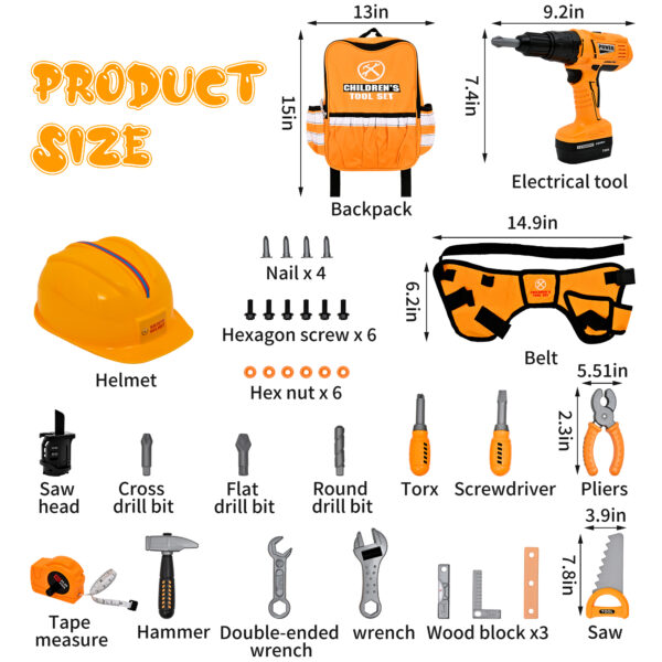 TOPFOX 35PCS Kids Tool Set - Pretend Play Kids Tool Toys with Construction Backpack Costume & Electronic Toy Drill for Boy Girl Halloween Birthday Dress Up Party - Image 4