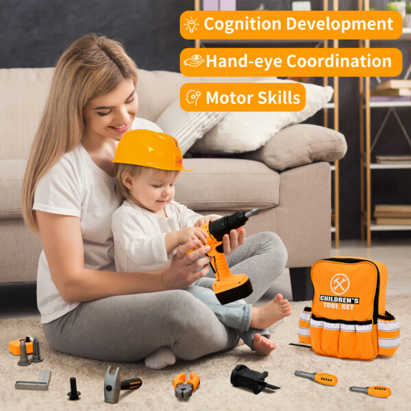 TOPFOX 35PCS Kids Tool Set - Pretend Play Kids Tool Toys with Construction Backpack Costume & Electronic Toy Drill for Boy Girl Halloween Birthday Dress Up Party - Image 7